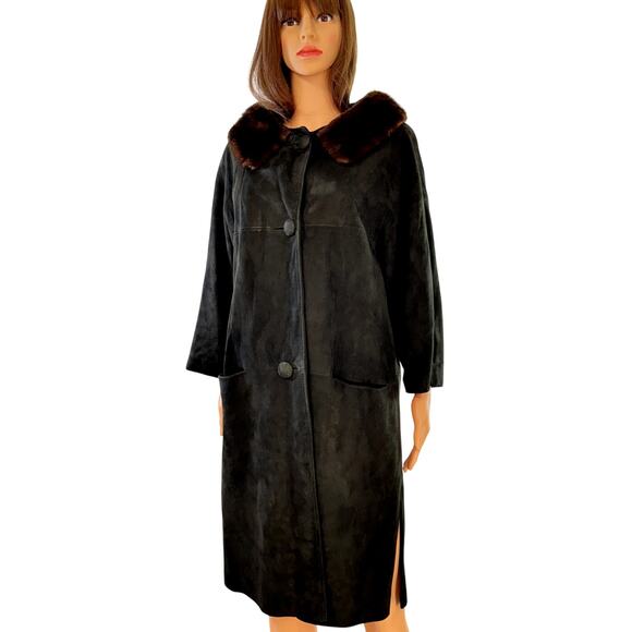 VINTAGE Unbranded Women's Size M Hunter Green Lambskin Suede Coat w/ Mink Collar - Picture 1 of 8